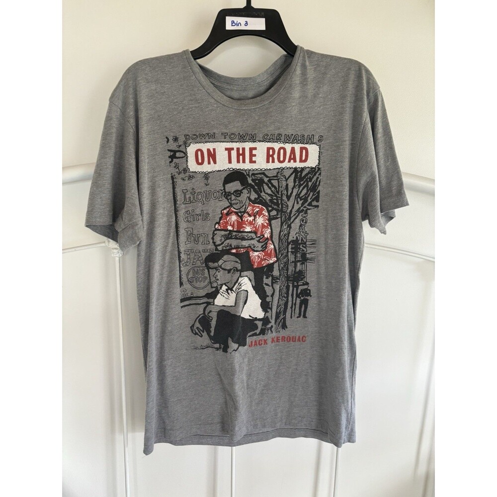 Out Of Print Gray T-shirt Medium Blue On the Road JACK KEROUAC Banned Books